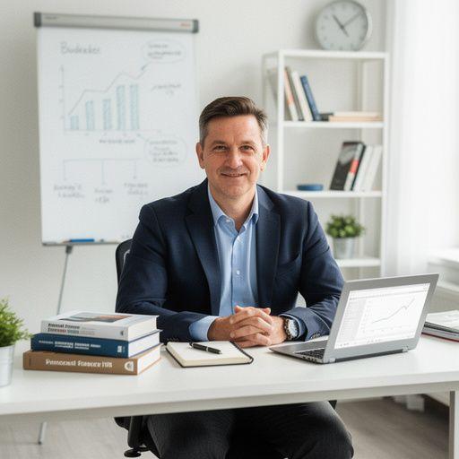 Pénzügyi tervezéshez szükséges anyagok egy asztalon, mellettük egy laptop.